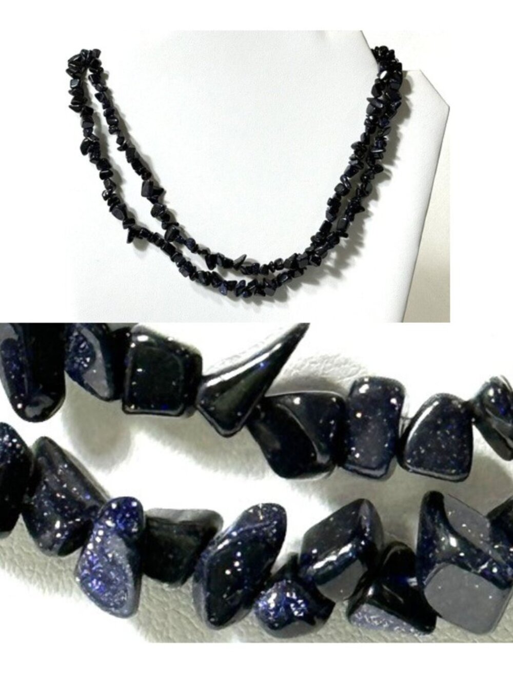 Indigo gold stone chip 34" continuous length necklace.